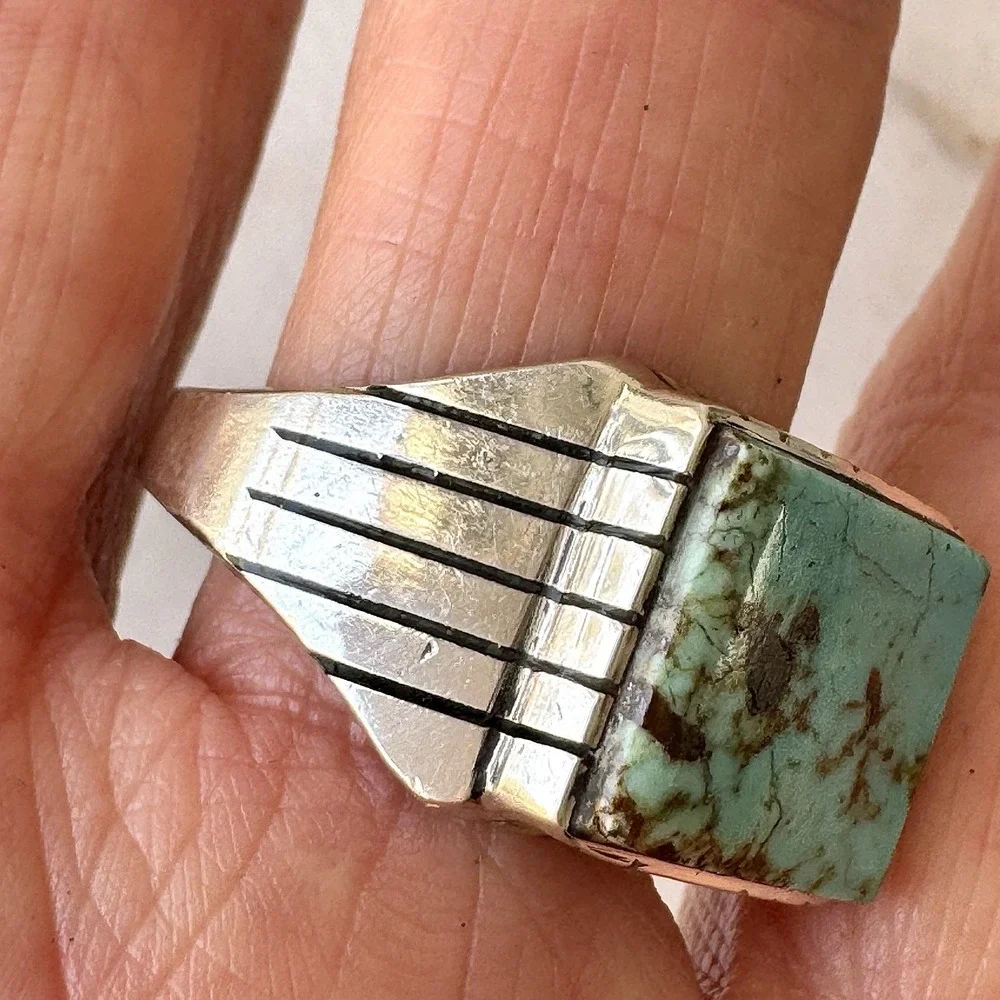Navajo Turquoise Mens Ring Sz 13 Rectangle Signed Jack‎ Sterling 14mm Cracked